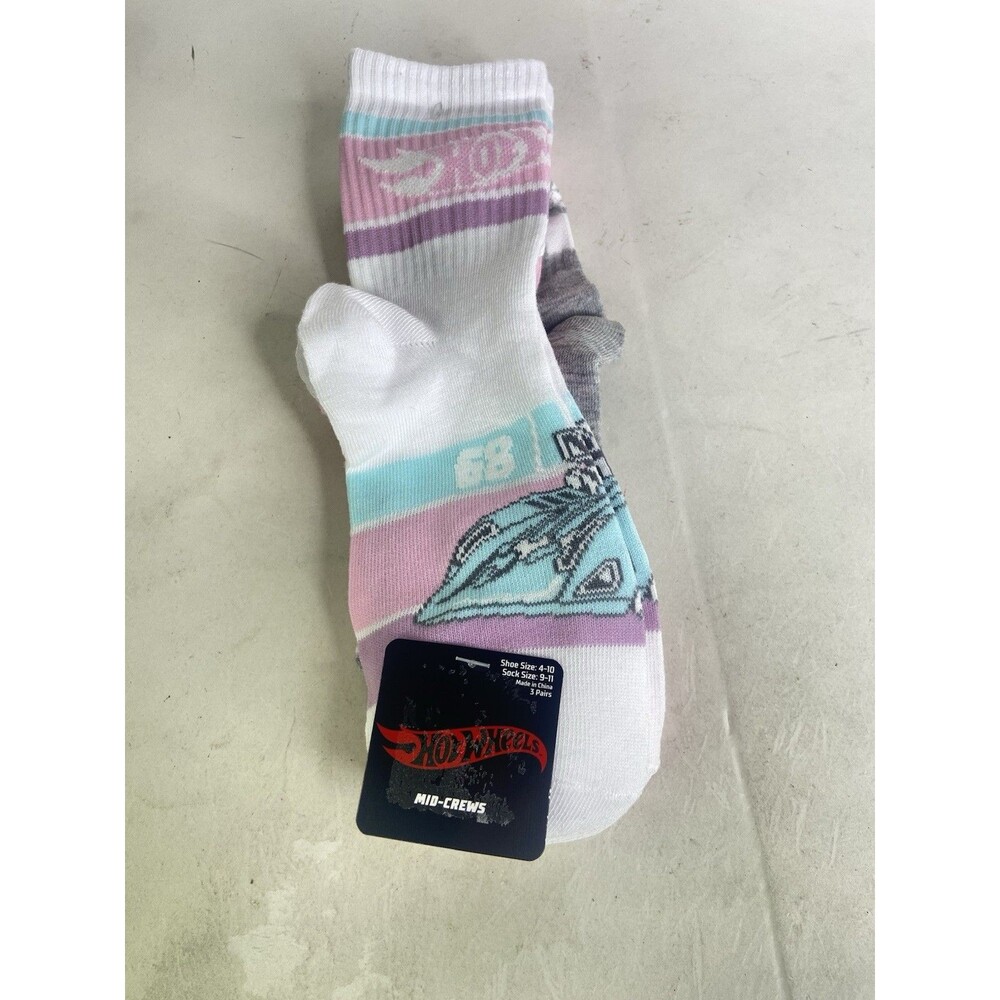 Mattel Hot Wheels Mid Crew Socks 3 Pair Multicolor Shoe Size 4-10 Sock Size 9-11